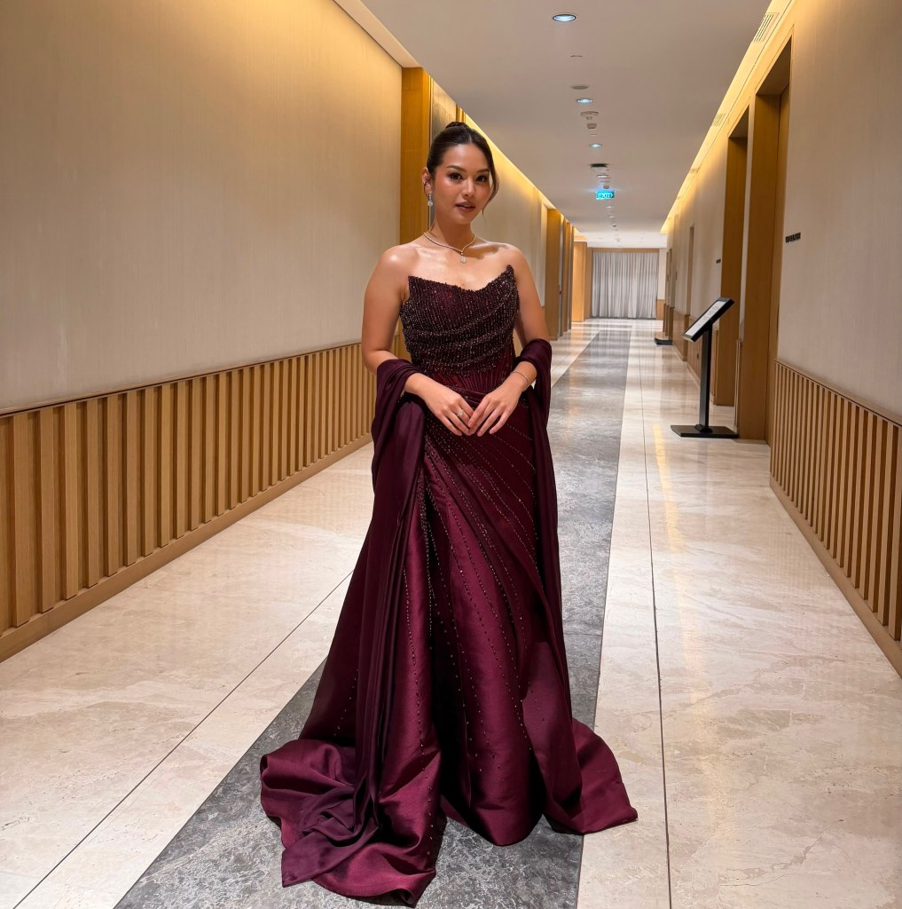 Burgundy beaded evening gown with matching stole by CELRA