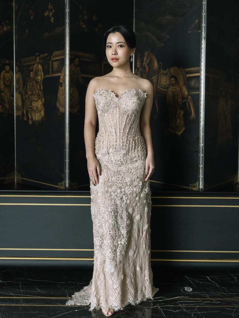 Full-length champagne lace column gown by CELRA