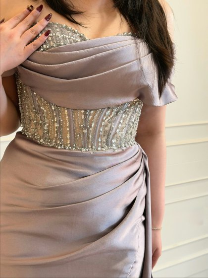 Lilac satin gown with draped bodice — CELRA.id rental